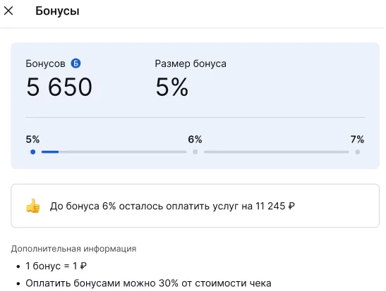 Подробная информация о бонусах в профиле пацинта